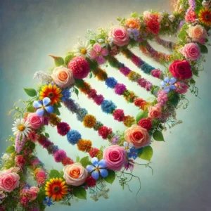 A DNA strand in a style made entirely of flowers. The double helix structure should be formed from vibrant blooms, with petals in various shapes and colors replacing the typical strands. Roses, daisies, and other flowers should intertwine along the helix, with vines and leaves wrapping around to emphasize the organic, floral nature. The image should have a bright and lively color palette, with the flowers arranged to create a natural but artistic interpretation of the DNA structure. A soft, dreamy background enhances the beauty and detail of the flowers.