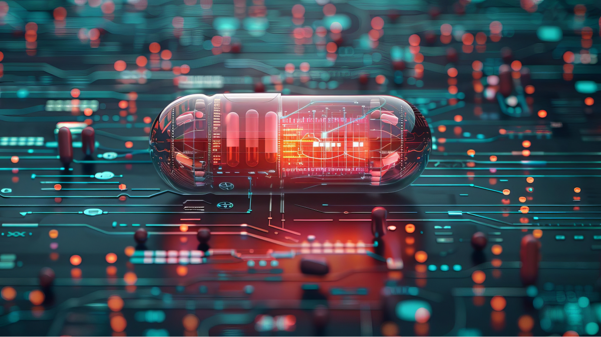 AI drug development process, top view, illustrating computational models