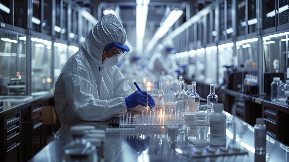 employee at sterile pharmaceutical manufacturing